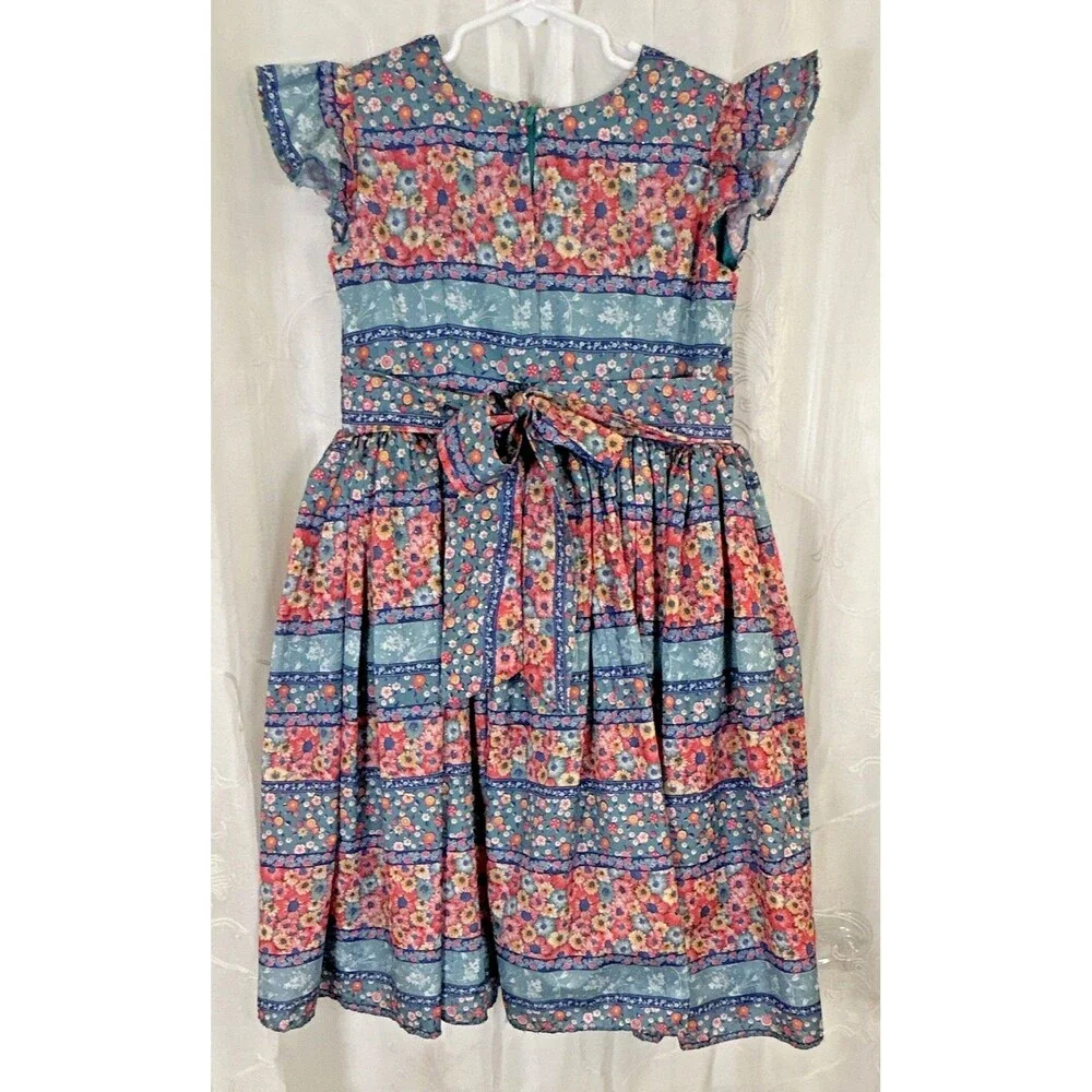 Confecciones Ruth Girls Blue Pink Floral Smocked Tiered Maxi Dress Flutter Sz 1